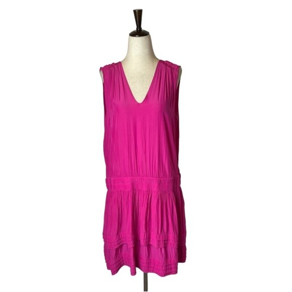 Ramy Brook Hot Pink Raquel Tiered V-Neck Sleeveless Mini Fit & Flare Dress Sze L - Picture 2 of 9